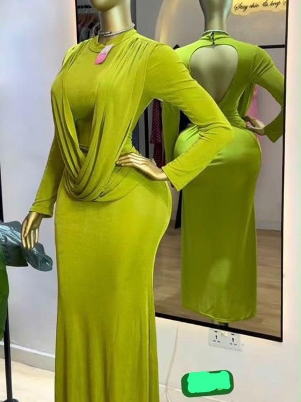 Elegant Lime Green Draped Long-Sleeve Maxi Dress with Heart Back